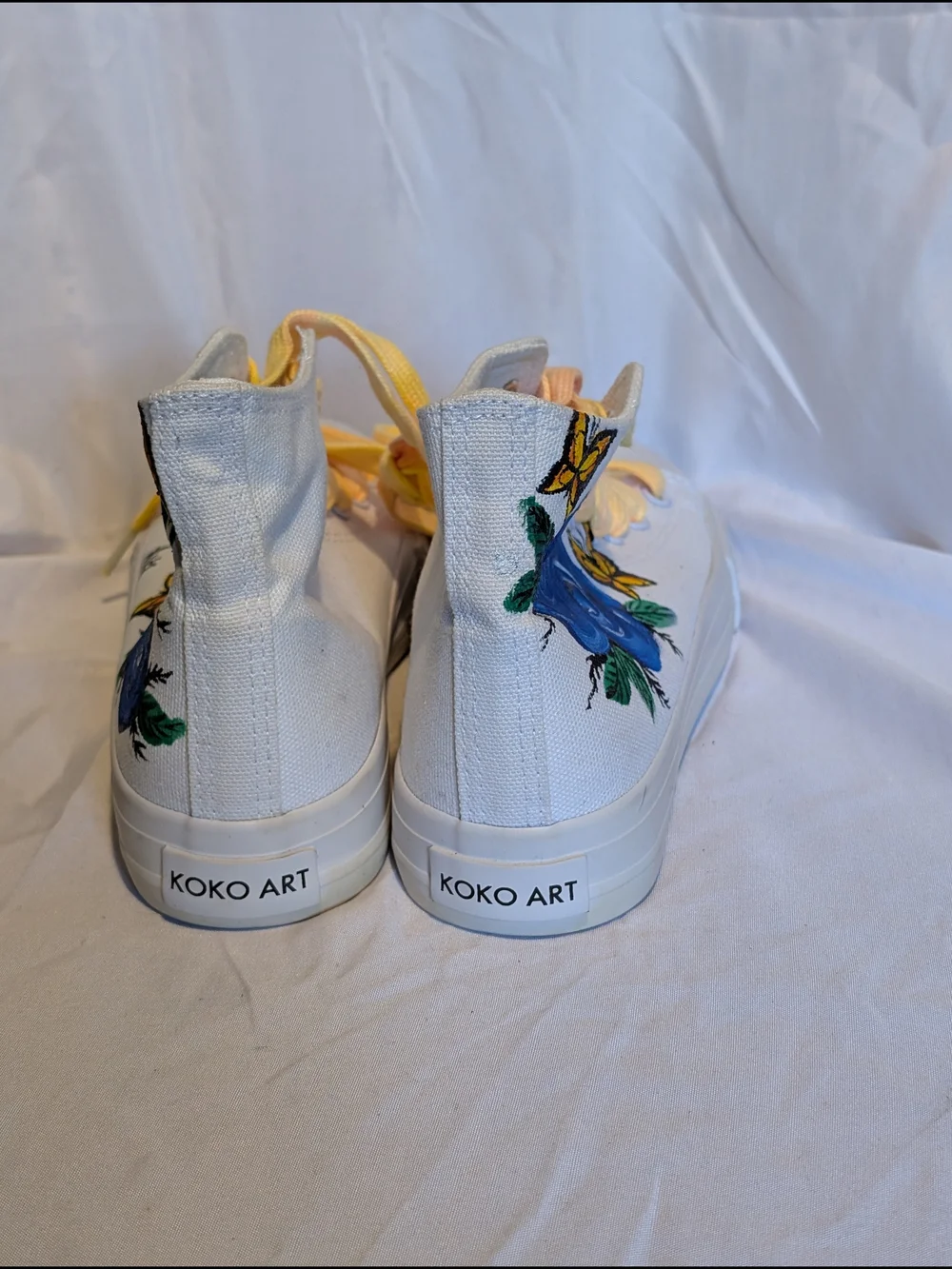 Hand Painted White Koko Art High-Tops with Blue Roses & Yellow Butterflies